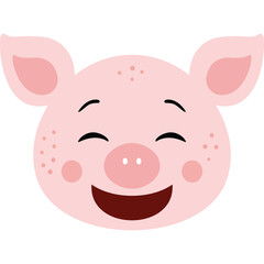 Cute happy pig face with pink cheeks and closed eyes smiling with dark mouth against a transparent white background studio shot