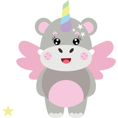 Cute Hippopotamus With Unicorn Horn and Pink Wings Smiling Adorable Fantasy Creature Illustration