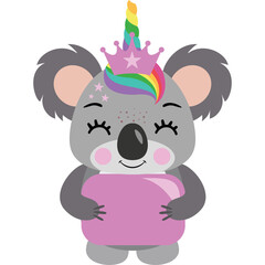 Cute Koala Character Wearing A Rainbow Unicorn Horn and Crown Holding A Pink Object With A Transparent Background