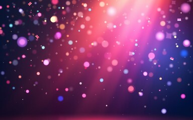 A festive and colorful party with flying neon confetti on a purple, red and blue background. High quality