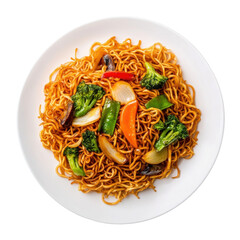 Stir-Fried Noodles with Colorful Vegetables in a White Bowl, Fresh and Delicious Asian Cuisine on transparent background