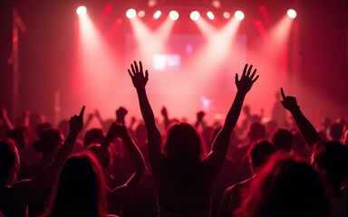 cheering crowd at rock concert in front of bright lights. ai generative. High quality