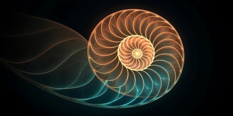 Abstract glowing nautilus shell spiral with blue and orange light.