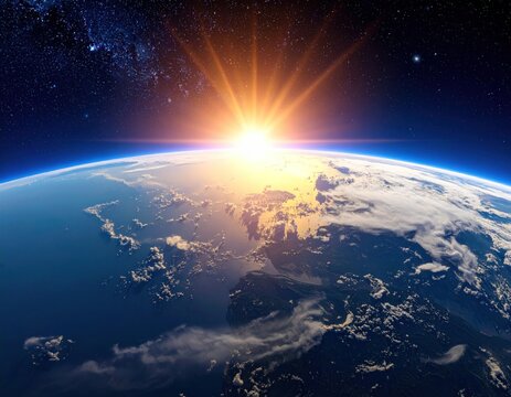 Earth from space with sunburst and Milky Way background