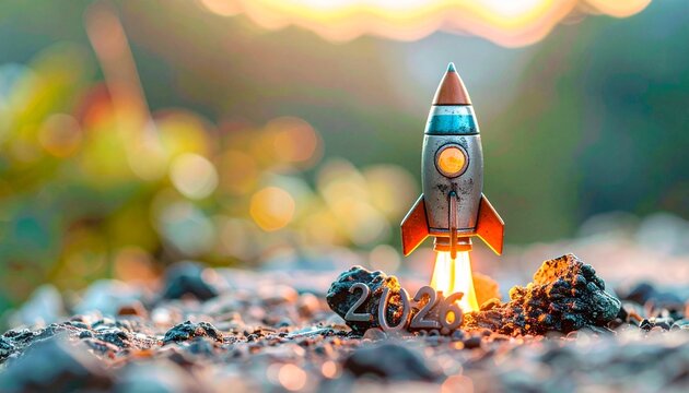 Mini Rocket Model Launching from Rocky Surface with Glowing 2026 Exhaust Symbolizing Future Start