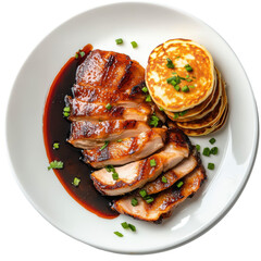 Grilled Chicken Breast with Pancakes and Sauce, Garnished with Chives, Brightly Presented on a White Plate on transparent background