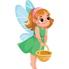 Cute little fairy girl with translucent wings and a woven basket smiles sweetly in a vibrant green dress adorned with a pink belt and headband isolated on a white background