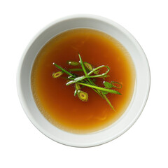 Delicious and Aromatic Broth with Fresh Green Onions in a Simple White Bowl on transparent background