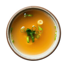Fresh and Flavorful Broth with Green Onions in a Rustic Bowl on transparent background