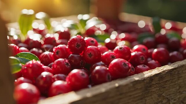 Fresh red cranberry berry with water drops in a rustic wood box on a sunny day close up food video.