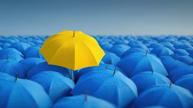 Yellow umbrella stands out among many blue umbrellas in a field.