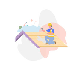 Flat vector of a roofing worker installing roof tiles, wearing safety helmet and vest, minimal pastel illustration, clean composition, transparent background.