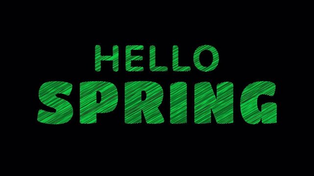 Hello Spring doodle green text with scribble animation on alpha channel. Compatible for spring related motion graphic projects.