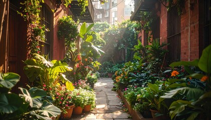 Naklejka premium Lush, sunny alleyway with vibrant plants, stone path, and brick buildings