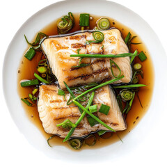 Grilled Salmon Fillets with Green Onions in Soy Sauce Glaze on a White Plate on transparent background