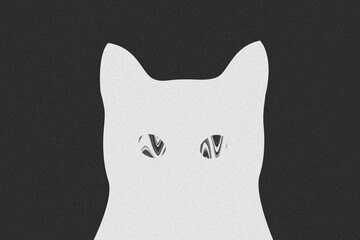 Minimalistic abstract art of a cat silhouette with surreal white noise eyes with wavy striped pattern. Modern black and white design, creative monochrome pop art concept. Grainy gray background. 