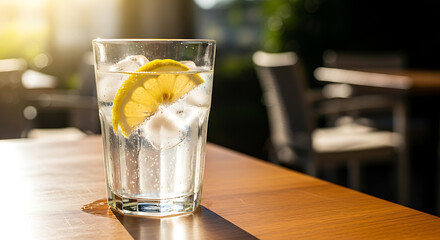 Refreshing Lemon Water on Sunny Tabletop Drink with Ice Cubes Beverage Close-Up Summer Hydration Sparkling Glass Liquid