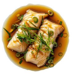 Delicious Steamed Fish Fillets with Green Onions in Savory Sauce, Perfect for a Healthy Meal on transparent background