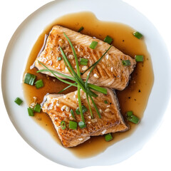 Grilled Salmon Fillets with Soy Sauce Glaze and Green Onions on a White Plate on transparent background