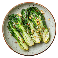 Deliciously Cooked Bok Choy with Garlic and Nuts on a Decorative Plate on transparent background