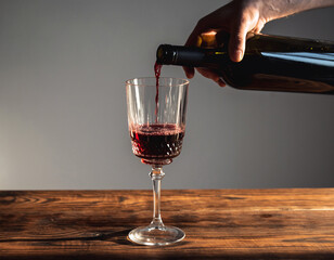 hand pouring red wine into elegant crystal glass