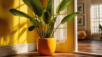 Sunny Interior With Yellow Potted Plant