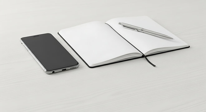 Minimalist Workspace with Mobile Phone, Notebook and Pen on White Desk Flat Lay Top View Modern Business Office Stationery Concept for Blog or Article 198