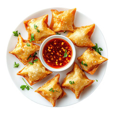 Crispy Fried Dumplings with Sweet Chili Sauce on a White Plate, Garnished with Fresh Herbs on transparent background