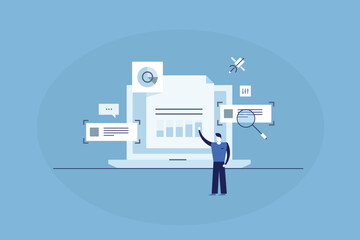 Business analyst interprets complex data through dynamic infographic for strategic decision.