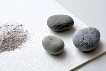 Three Gray Stones On White Background With Gray Powder