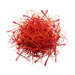 A pile of vibrant red saffron threads, isolated on a clean transparent background