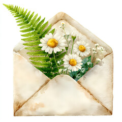 Vintage envelope filled with white daisies and green fern leaves