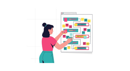 Fototapeta premium Woman Analyzing Data Diagram on Whiteboard, Project Management Process Illustration