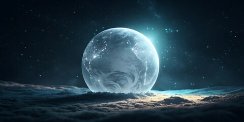 Glowing celestial sphere with stars and nebulae in deep space.