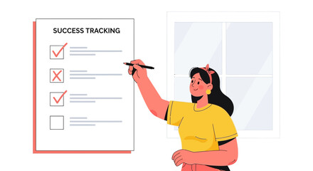 Woman Analyzing Strategy On Success Tracking Sheet Cartoon Illustration Concept