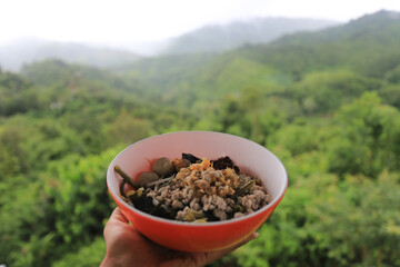 Enjoying delicious bowl of noodle food for lunch. person eating with scenic mountain view in nature. perfect travel meal with peaceful and relaxing feeling