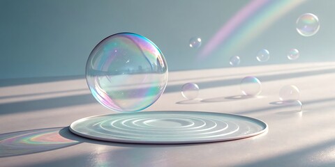 Iridescent bubble on water surface with rainbow and light.