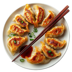 Deliciously Crispy Pan-Fried Dumplings with Soy Sauce and Green Onions on a White Plate on transparent background