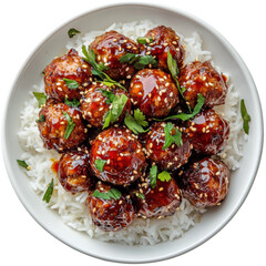 Delicious Asian-style meatballs served on a bed of fluffy rice, garnished with fresh herbs and sesame seeds for a flavorful meal. on transparent background