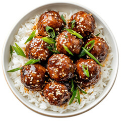 Delicious Asian-style meatballs served over fluffy white rice, garnished with green onions and sesame seeds for a flavorful meal. on transparent background