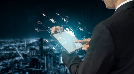 A concept of centralized business management and corporate strategy. A leadership team connecting...