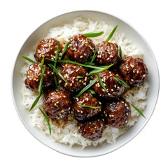 Delicious Asian-style meatballs served over fluffy white rice with sesame seeds and green onions, perfect for a comforting meal. on transparent background