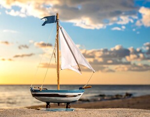 Miniature sailboat on a sandy shore against a blurred ocean and sunset sky with fluffy clouds