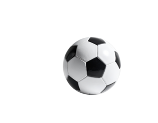 B&W soccer ball isolated, right, on deep black background
