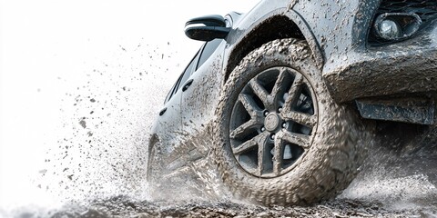 A close-up of a racing car's wheel kicking up dirt as it speeds around a curve