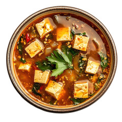 Spicy Tofu Soup with Fresh Vegetables and Herbs in a Rustic Bowl on transparent background