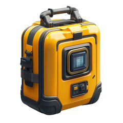 Naklejka premium Yellow utility case with screen and handle for industrial applications and secure transport of equipment in construction and engineering settings on transparent background