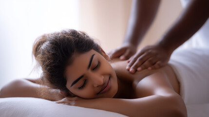 Fototapeta premium Relaxed woman enjoying professional back massage at spa, concept of wellness, stress relief, and therapeutic relaxation treatment