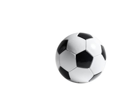 B&W soccer ball isolated, right, on deep black background