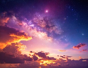 Fototapeta premium Dramatic sunset view with colorful clouds and the Milky Way